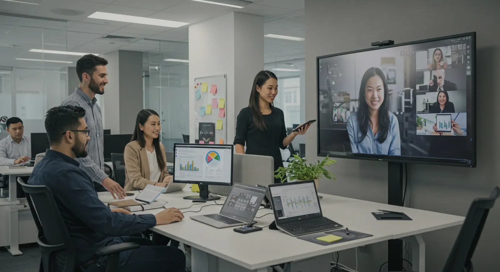TelcoSolutions team on a video call in a modern office