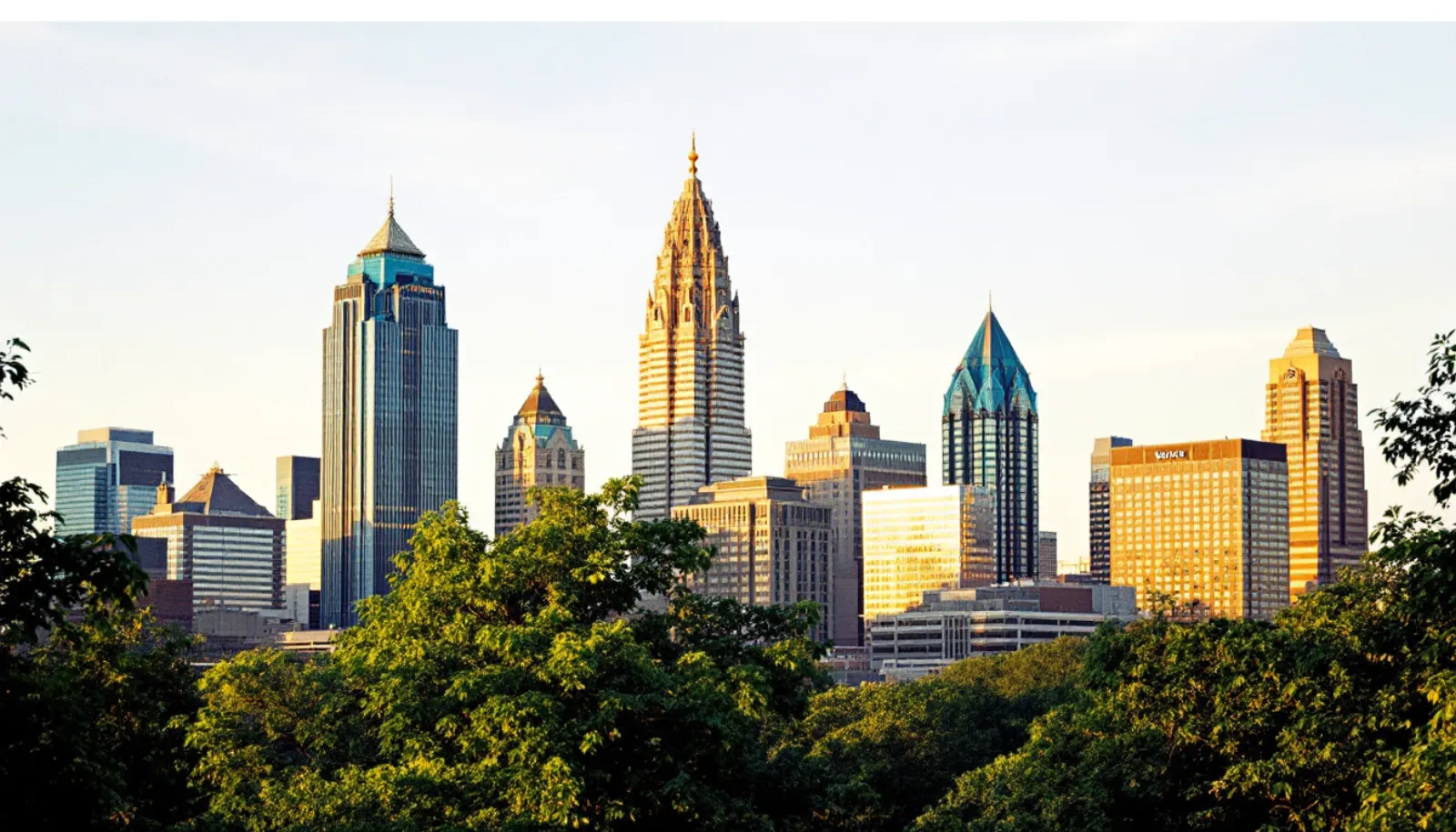 Atlanta skyline rising above green treetops in warm evening light