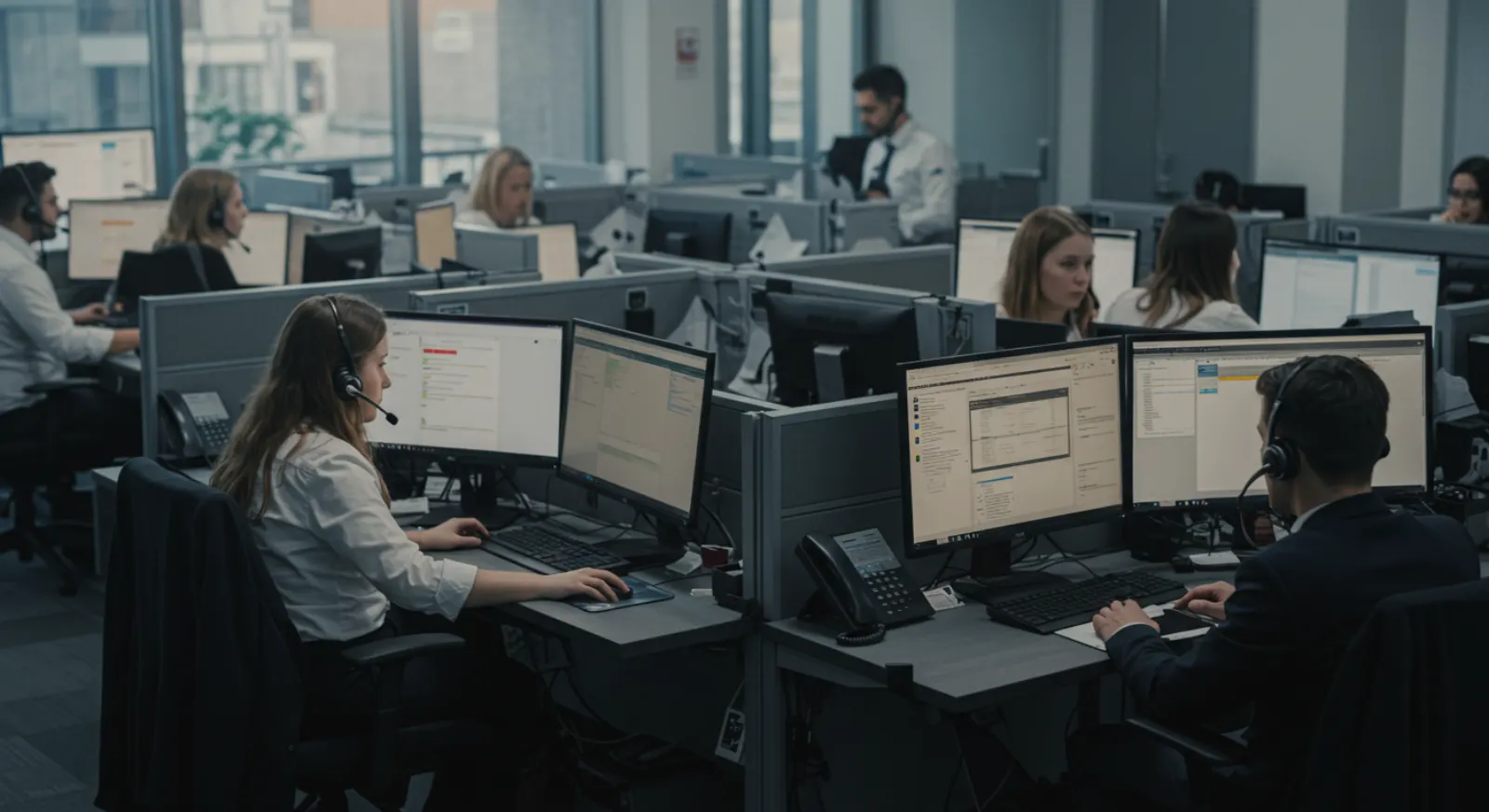 Open plan office with rows of staff wearing headsets at desks with monitors and desk phones