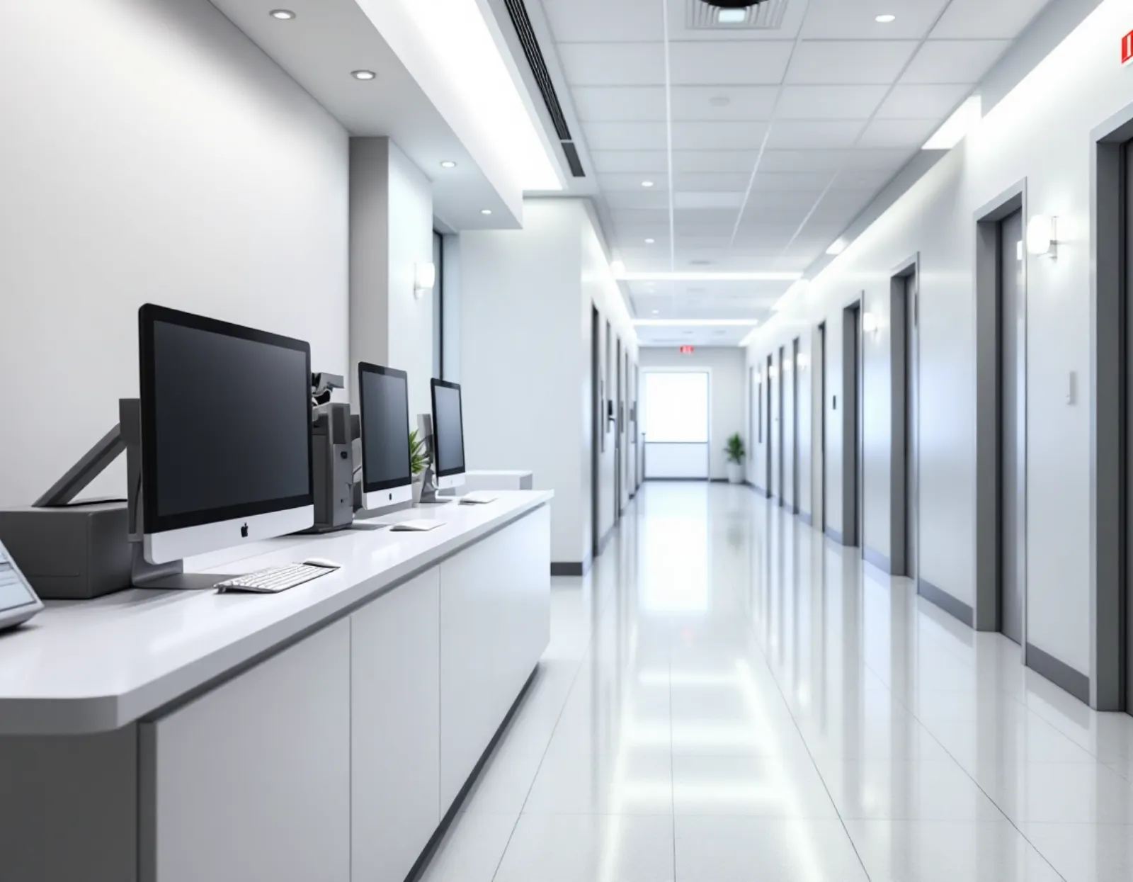 Clean medical clinic nurse station with computer monitors along a bright hallway