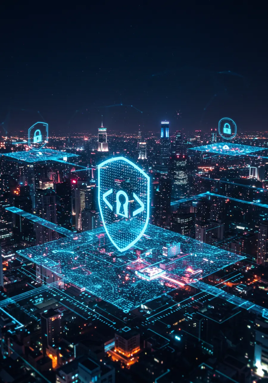 Glowing security shield above a city of circuit lines at night