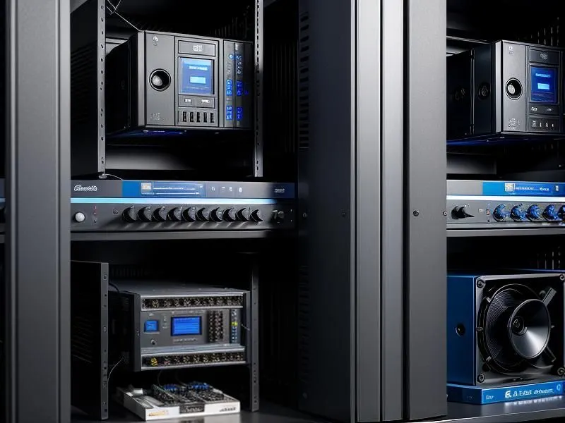 Open server rack with networking hardware in a data center