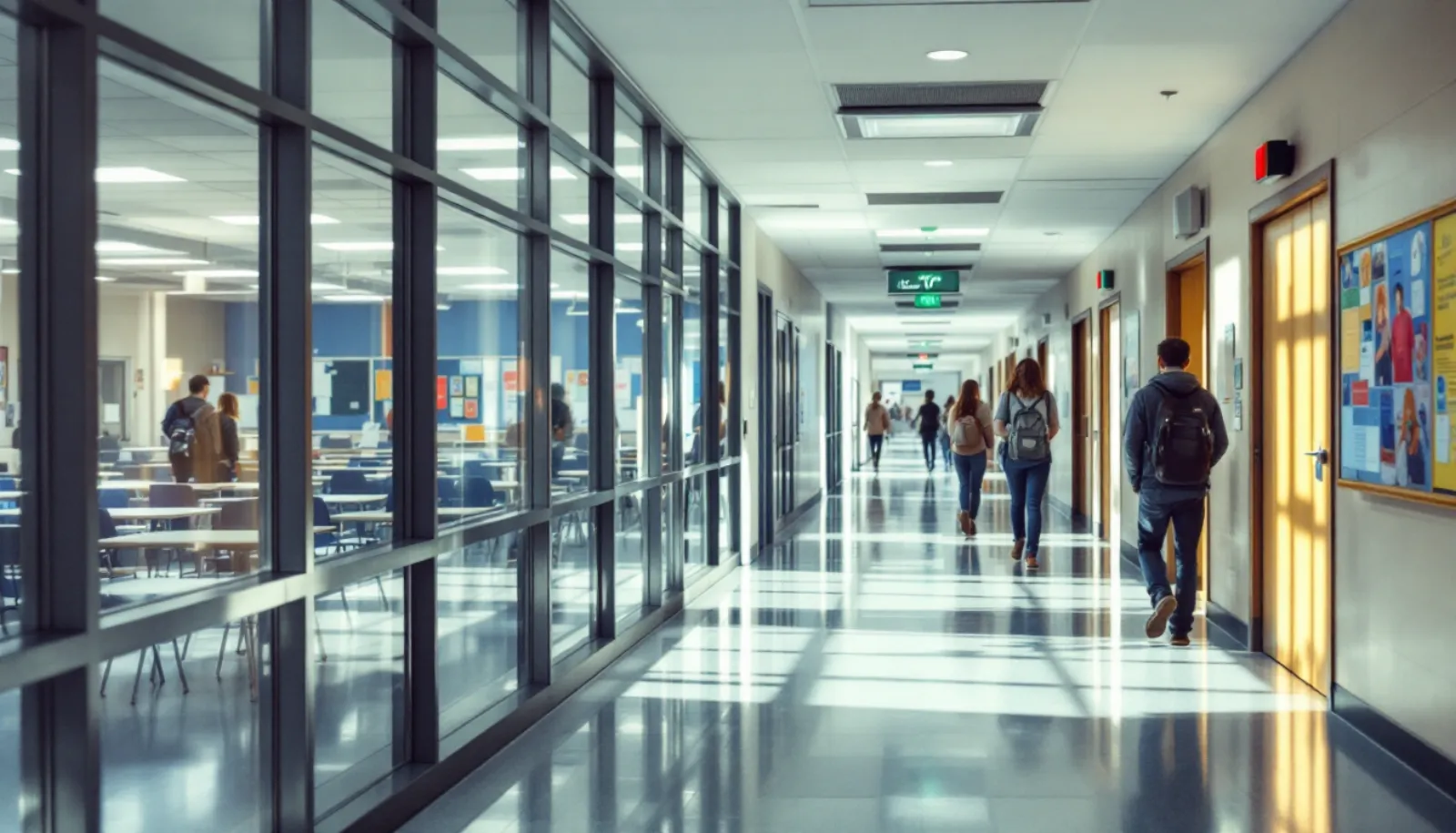 Students with backpacks walking down a bright school hallway beside glass walled classrooms