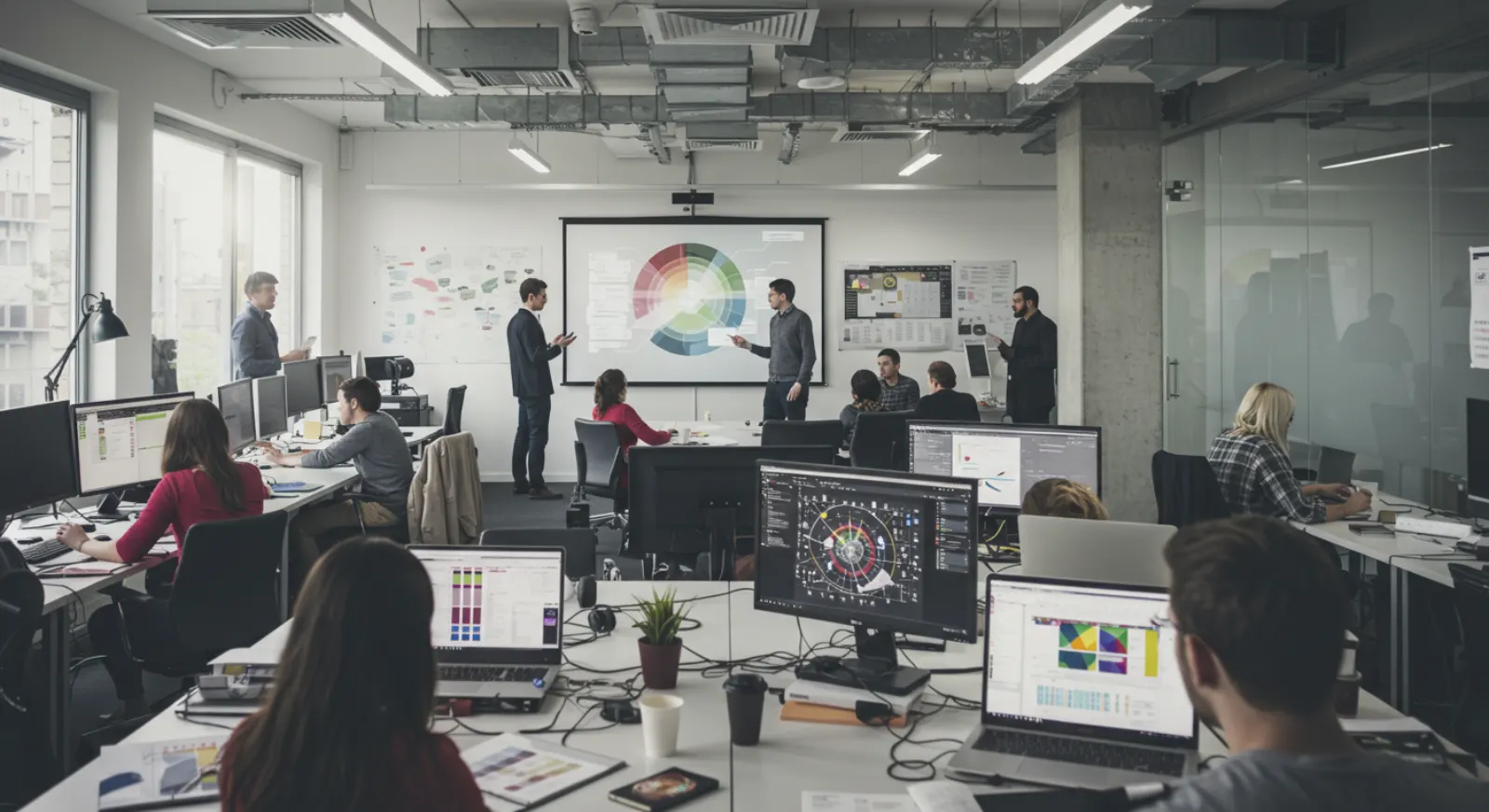 Busy open office with staff at laptops and monitors while a team reviews a chart on a wall screen