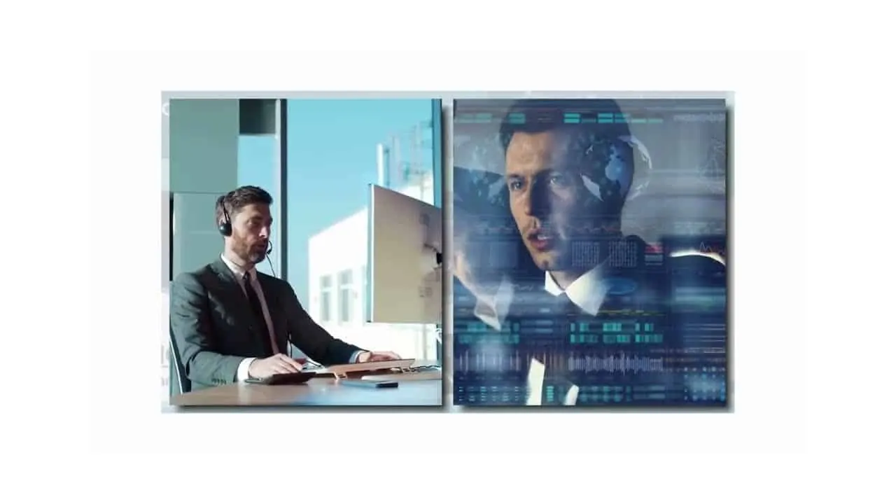 Business person at a desk beside a large screen showing a hosted phone dashboard