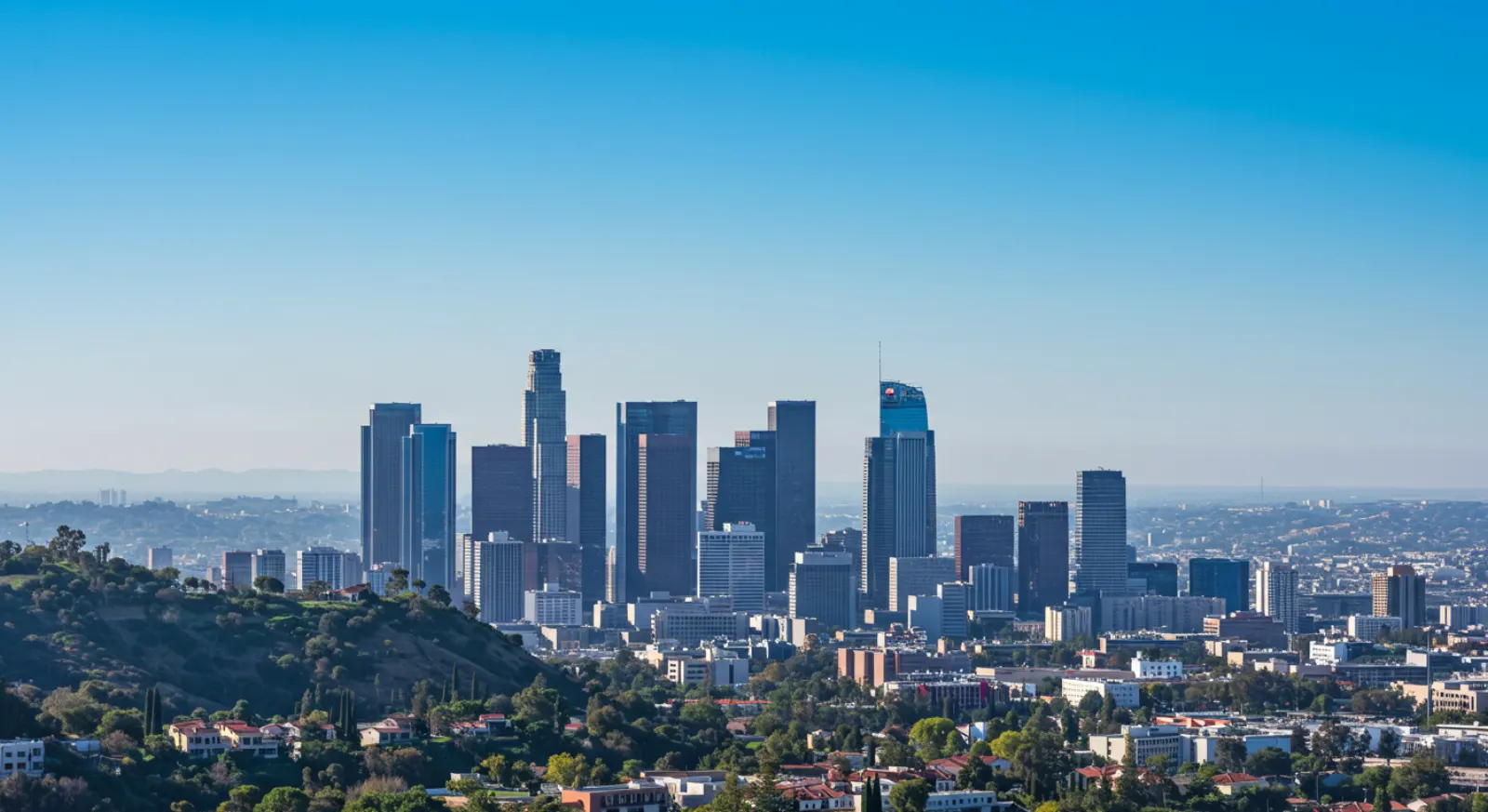 Downtown Los Angeles skyline seen from green hills under a clear blue sky