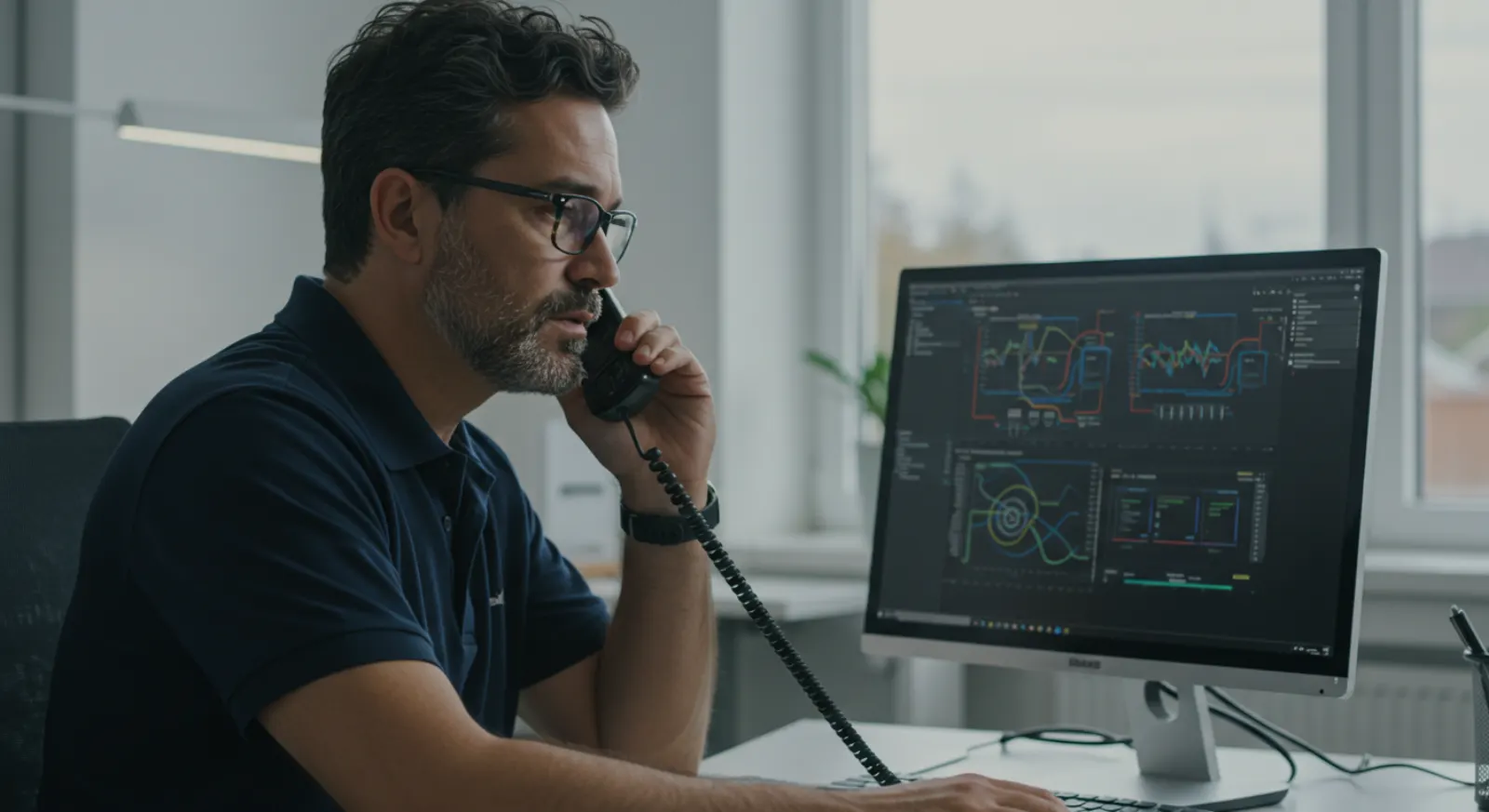 Man in glasses on a desk phone call while watching network charts on a large monitor