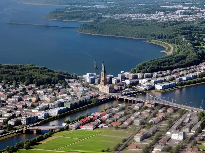 Aerial view of a waterfront town with a church spire, bridges, homes and a sports field