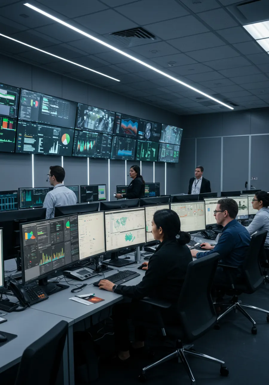 Staff at desks in a network operations center with a wall of monitoring screens
