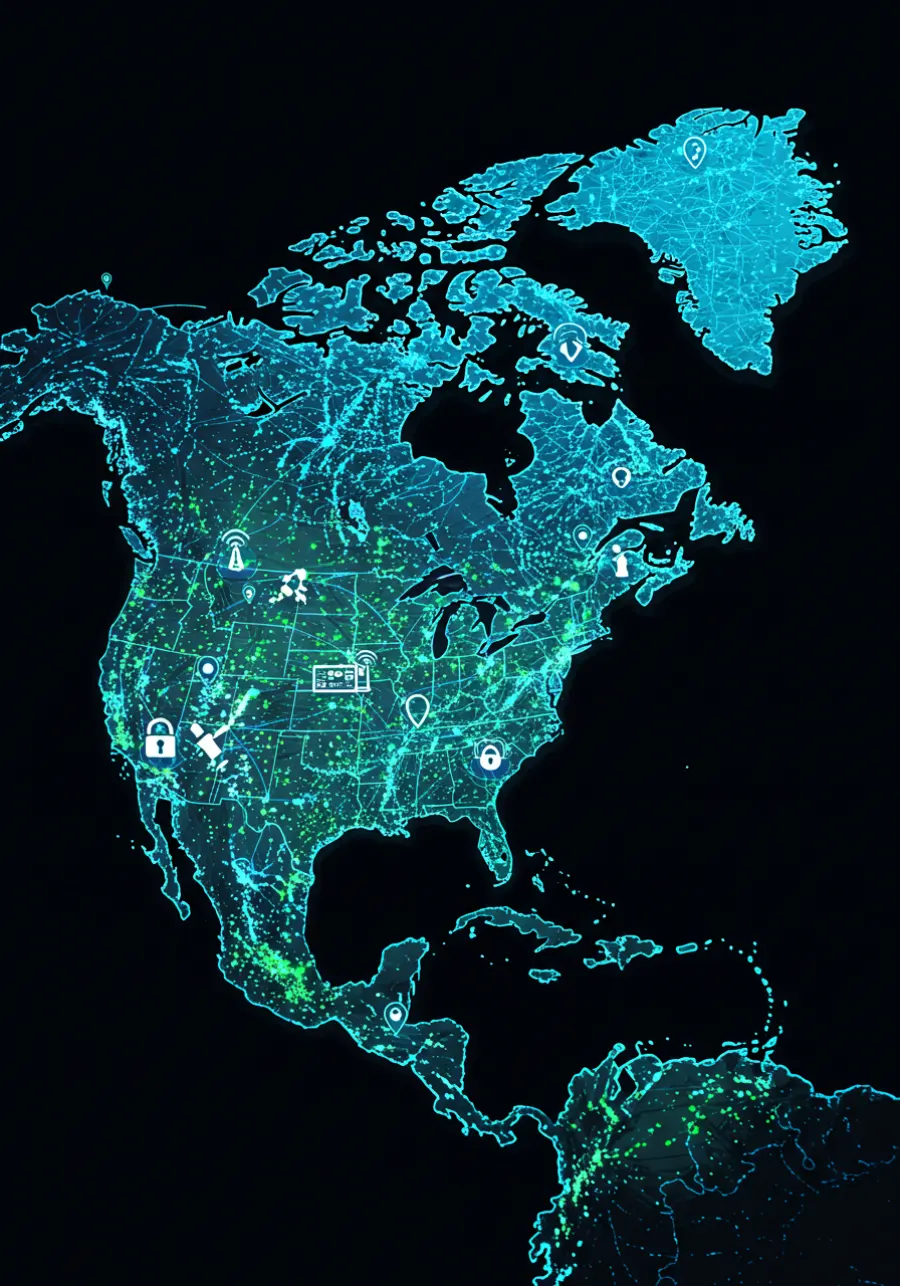 Map of North America with glowing network connections between cities
