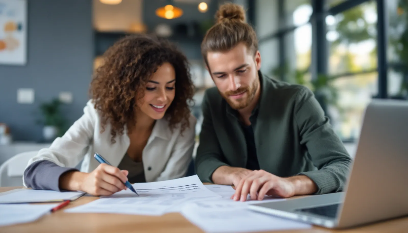 Two business owners reviewing a telecom bill together at a desk