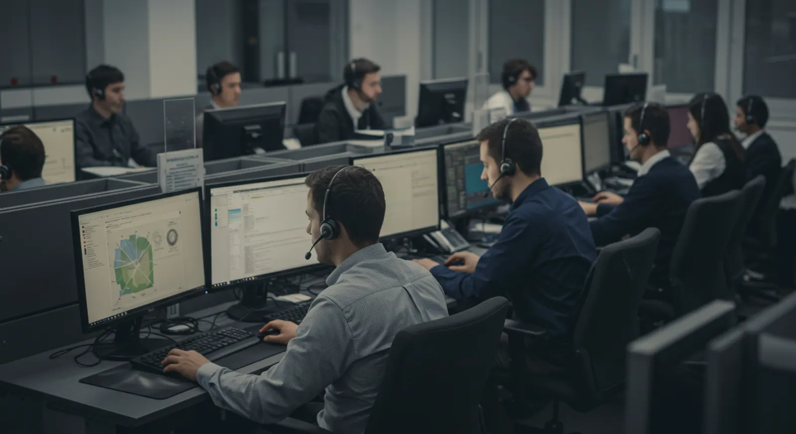 Busy call center with staff in headsets working at rows of desks with dual monitors
