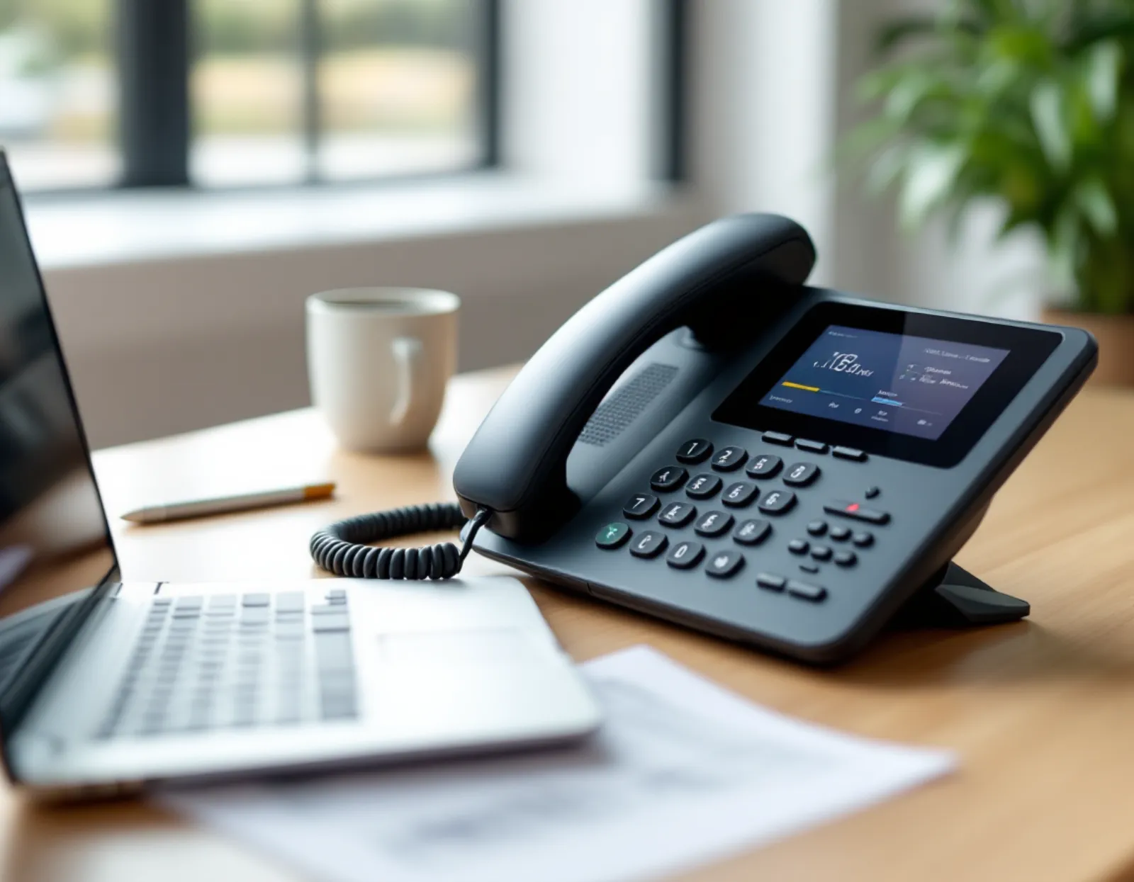 Business VoIP desk phone on an office desk beside a laptop