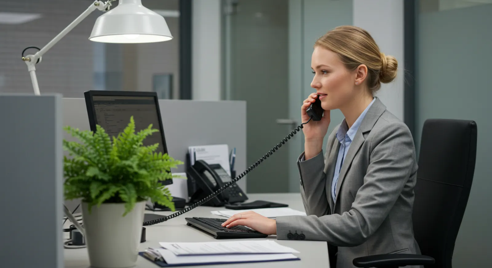 Office worker on a desk phone call beside her monitor